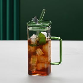 1 Pcs Green Glass Straw Cup, 6 Colors Square Glass Cup With Straw And Lid, High Borosilicate Glass Cup, Milk Cup, Juice Cup, Cold Drink Cup