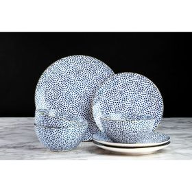 Dinnerware Black & White Dot Stoneware, 12 Piece Set (Actual Color: Blue)