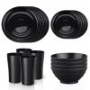 Black Dinnerware Set for 4, 16 Pack Plastic BPA-Free Dinner Plates, Salad Plates, Cereal Bowls, Cups, Unbreakable Plates and Bowls Sets