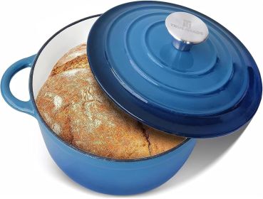 4.5 QT Cast Iron Dutch Oven, Enamel Coated Cookware Pot with Self Basting Lid for Home Baking, Braiser, Cooking (Color: Blue)